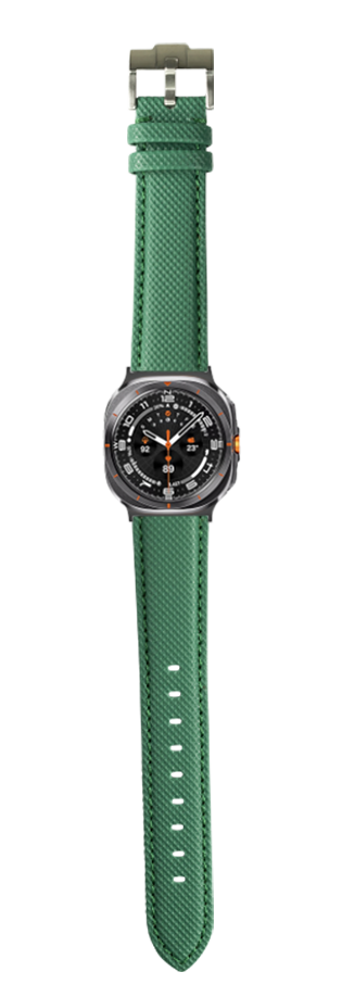 Emerald green sailcloth watch band with gray sport case and black dial featuring orange accents