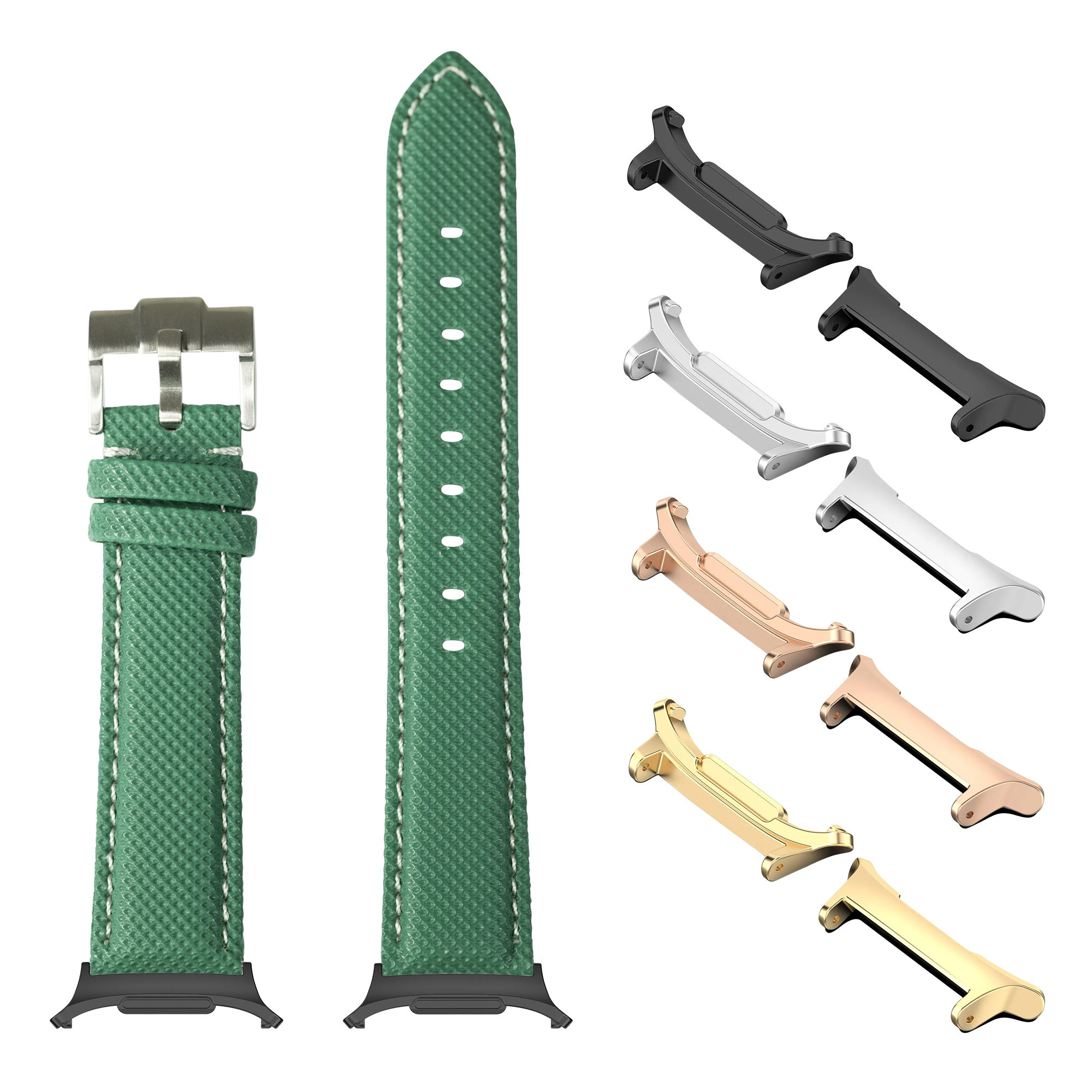 Green sailcloth watch band with white stitching and interchangeable metal lugs in multiple finishes for Galaxy Watch 8 Ultra