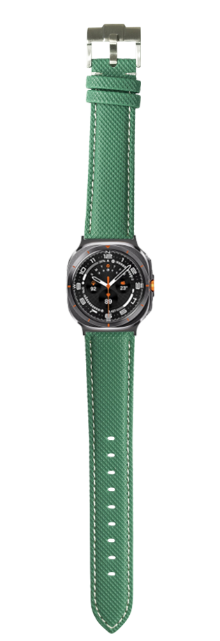 Emerald green sailcloth watch band with white stitching and brushed titanium buckle for Galaxy Watch 8 Ultra