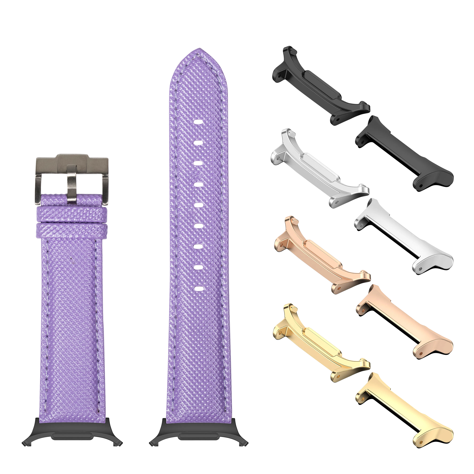 Purple sailcloth smartwatch band with multiple metal lugs in gold, rose gold, silver and black finishes shown with quick-release connector