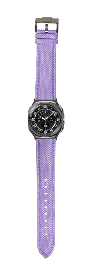 Purple sailcloth watch band with black dial sport watch featuring orange accents