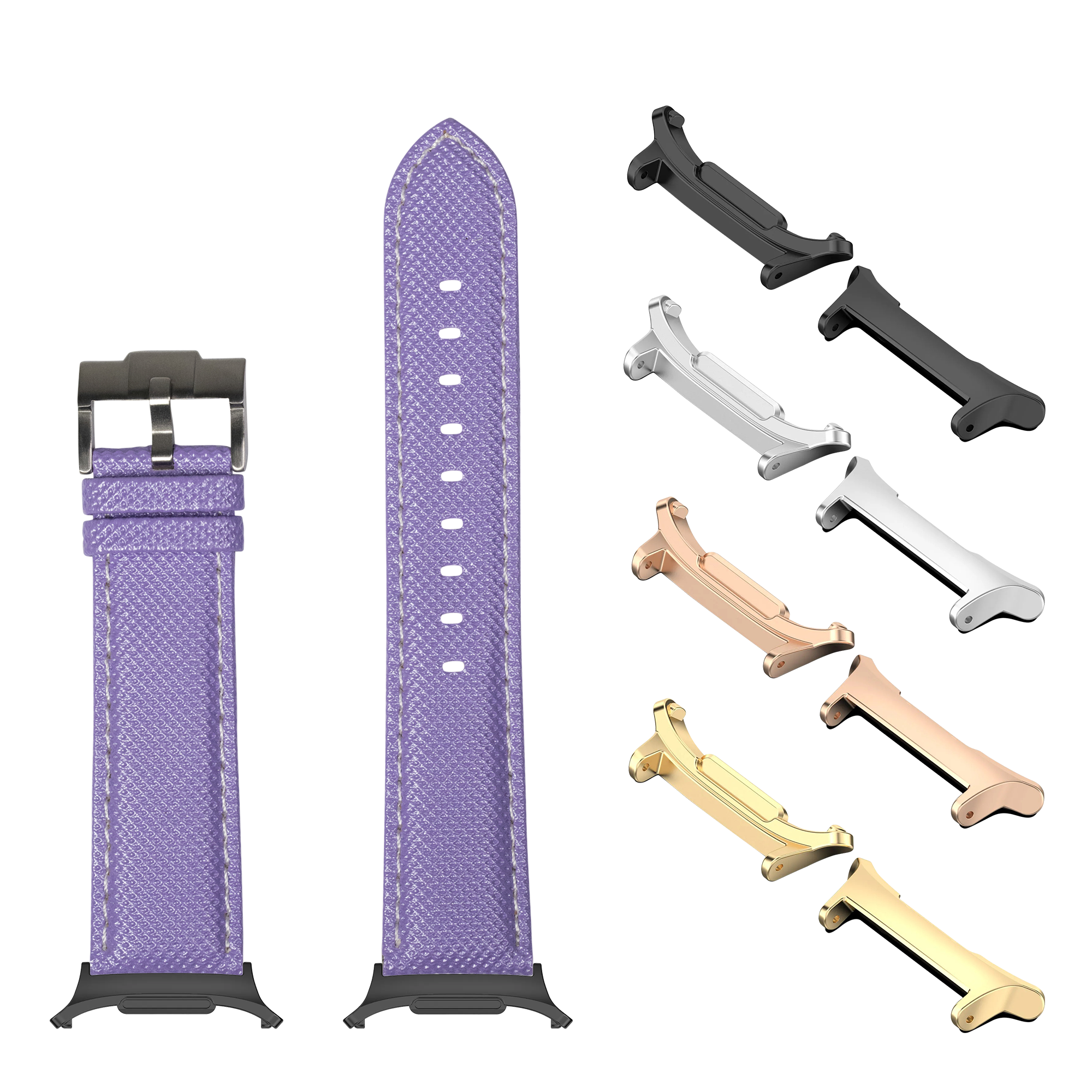 Purple sailcloth watch band with white stitching and interchangeable metal lugs in black, silver, rose gold, and gold finishes