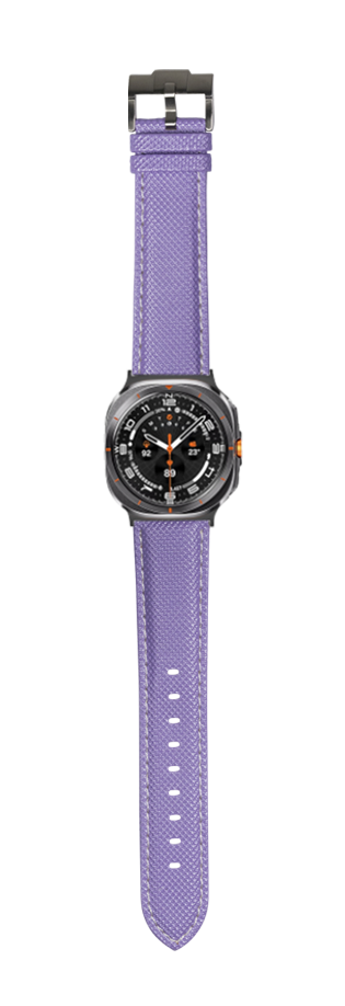Purple sailcloth watch band with white stitching and black hardware for Galaxy Watch