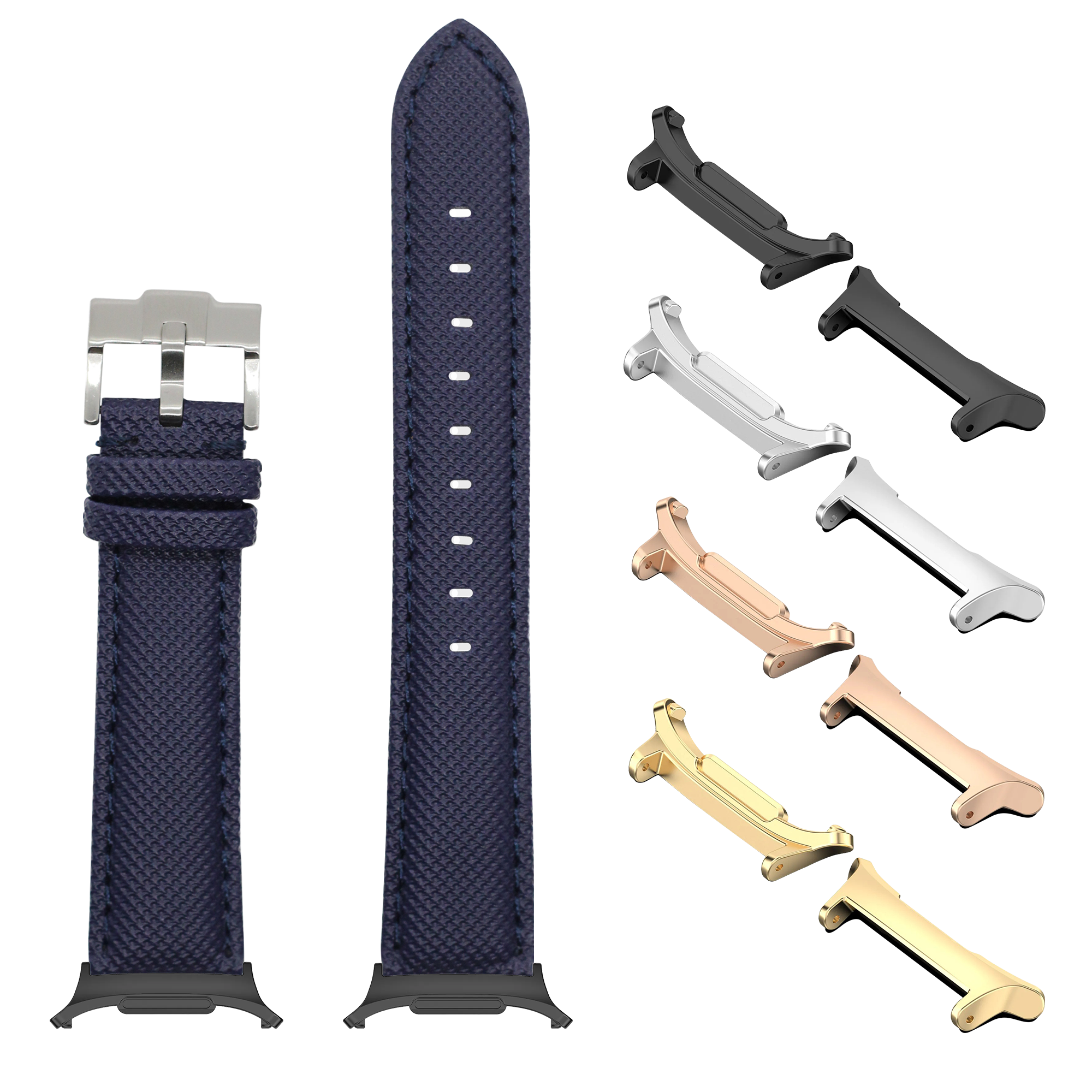 Navy blue sailcloth watch band with silver buckle, case adapters in multiple finishes, and interchangeable lugs for Galaxy Watch 8 Ultra