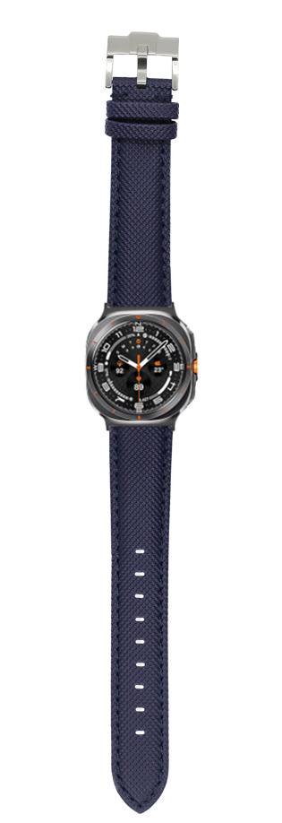 Navy blue sailcloth watch band with black stainless steel case and orange accents displayed on Galaxy Watch