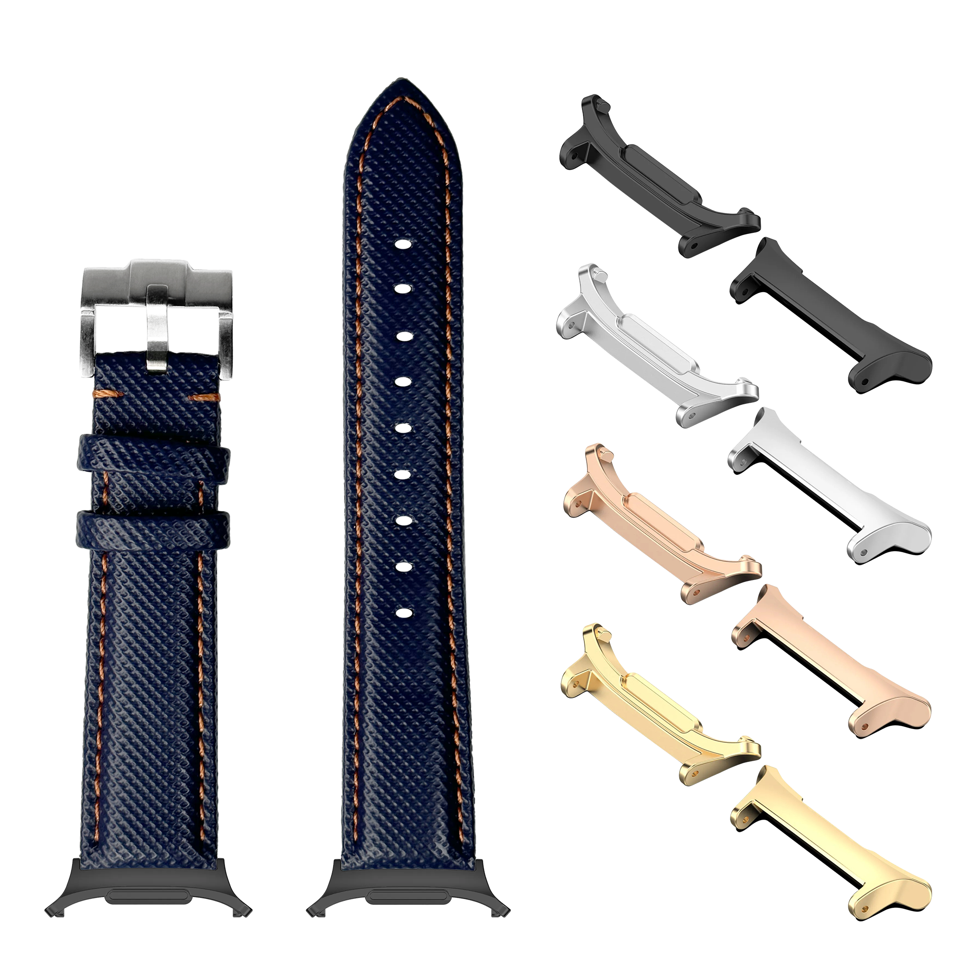 Navy blue sailcloth watch band with orange stitching, interchangeable metal connectors in silver, black, rose gold, and gold finishes