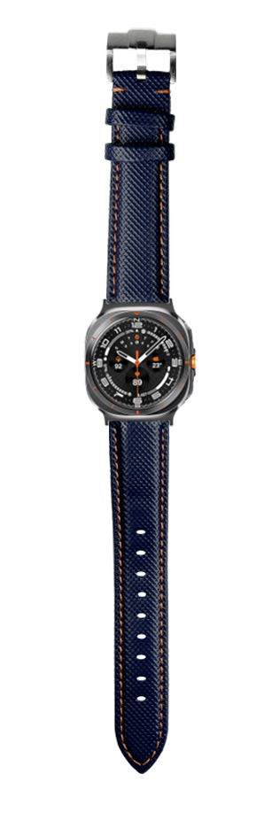 Navy blue sailcloth watch band with orange stitching and titanium buckle, displayed on black dial watch