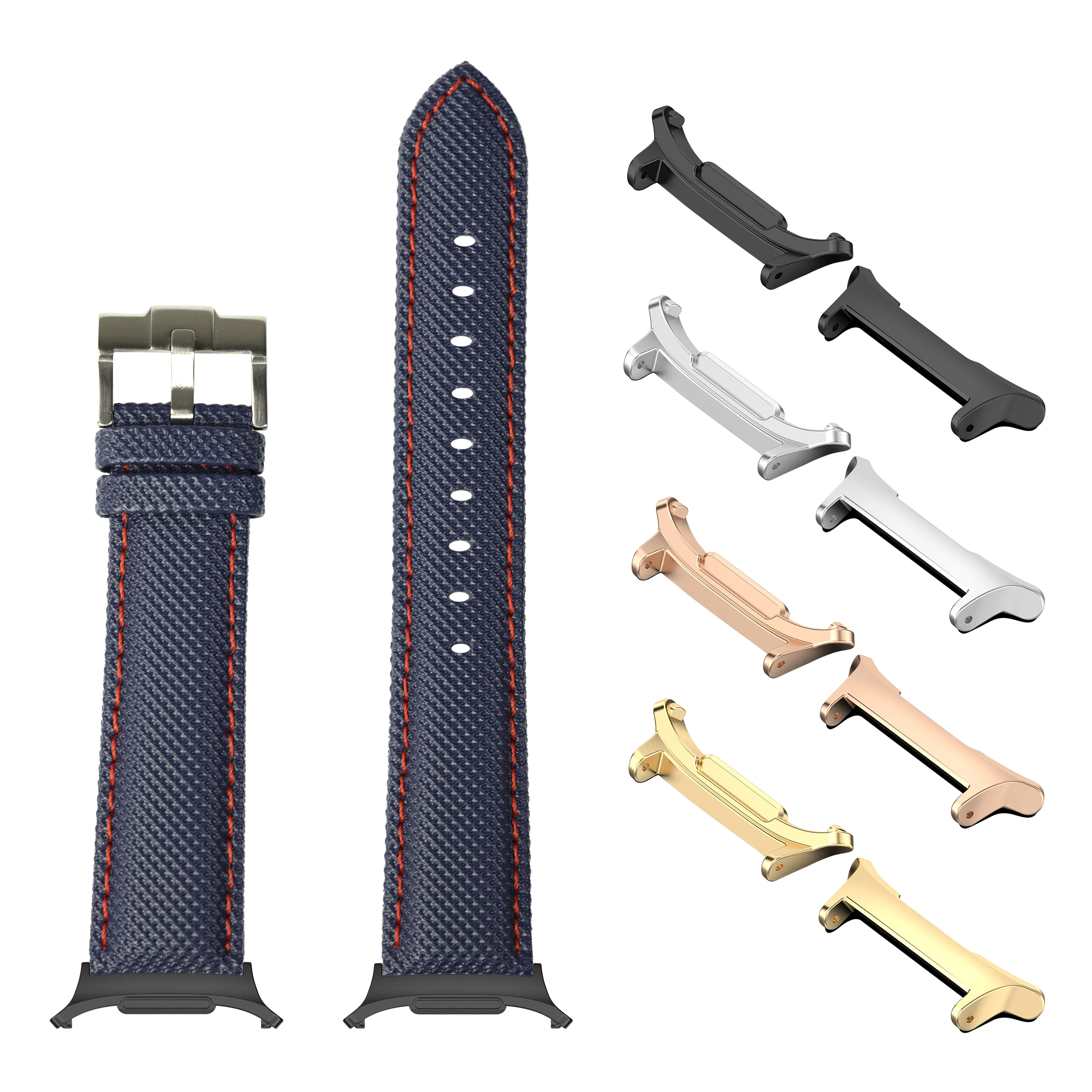 Navy blue sailcloth watch band with red stitching, interchangeable metal connectors in multiple finishes, and stainless steel buckle for Galaxy Watch 8 Ultra