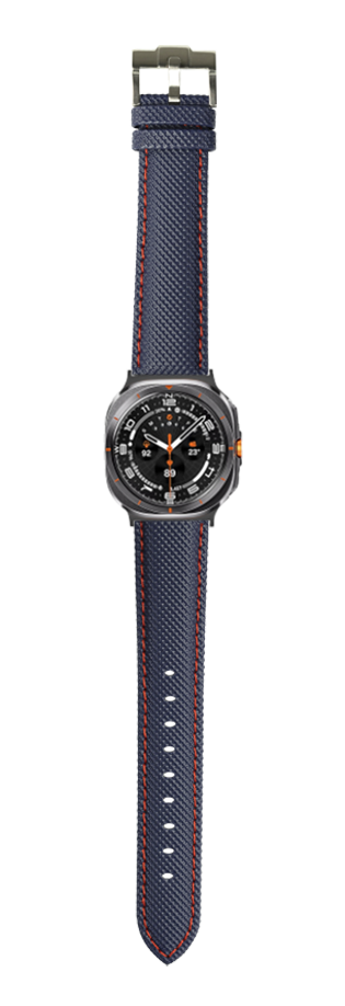 Galaxy Watch 8 Ultra with navy blue sailcloth band and red stitching, black dial face with orange accents and military-style numerals