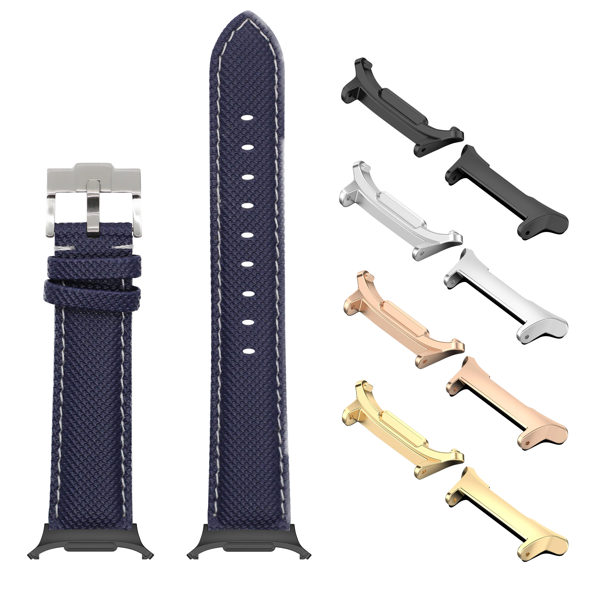 Navy blue sailcloth smartwatch band with white stitching and interchangeable metal connectors in silver, gold, rose gold and black finishes