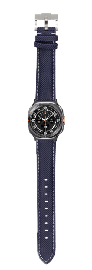 Navy blue sailcloth watch band with white stitching and stainless steel buckle for Galaxy Watch 8/Ultra