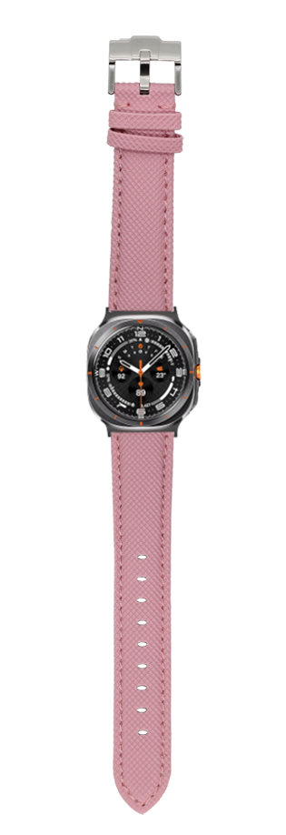 Pink sailcloth watch band with gray stainless steel buckle and black dial sport watch with orange accents