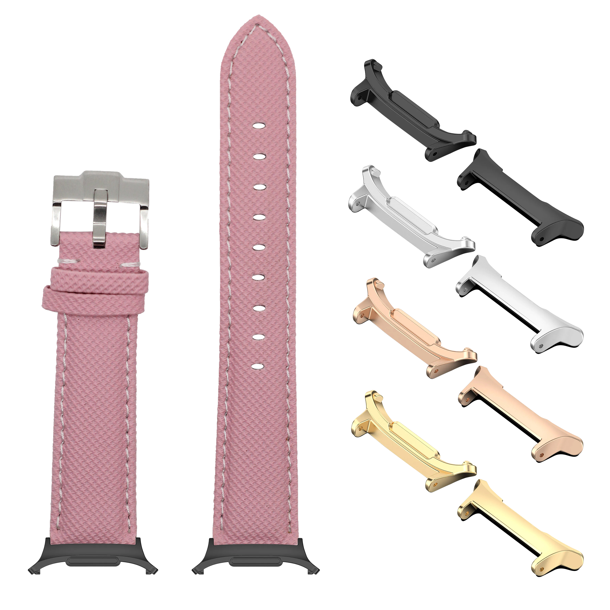 Pink sailcloth watch band with white stitching and interchangeable metal lugs in silver, black, rose gold and gold finishes