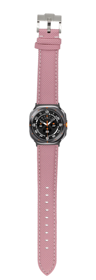 Galaxy Watch 8 Ultra with pink sailcloth band and white stitching, stainless steel case with black dial and orange accents