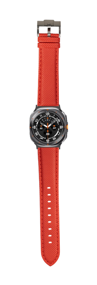 Smartwatch with red sailcloth band and black case featuring dial display with orange accents and gray buckle