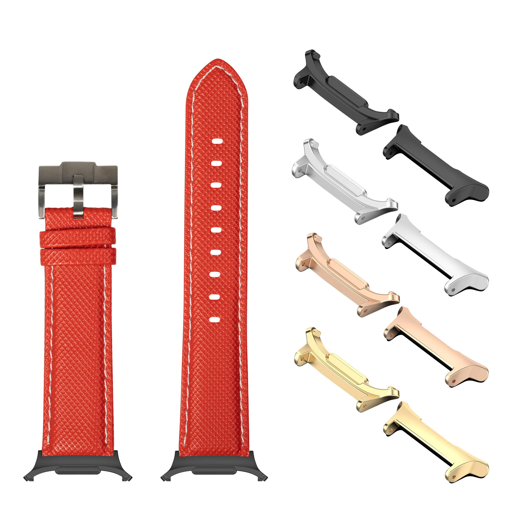 Red sailcloth watch band with white stitching and interchangeable metal lugs in multiple finishes for Galaxy Watch 8 Ultra