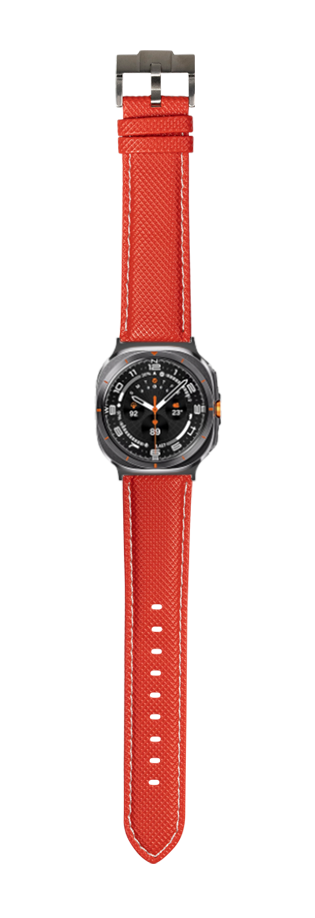 Red sailcloth watch band with white stitching, gray buckle, displayed with black dial smartwatch