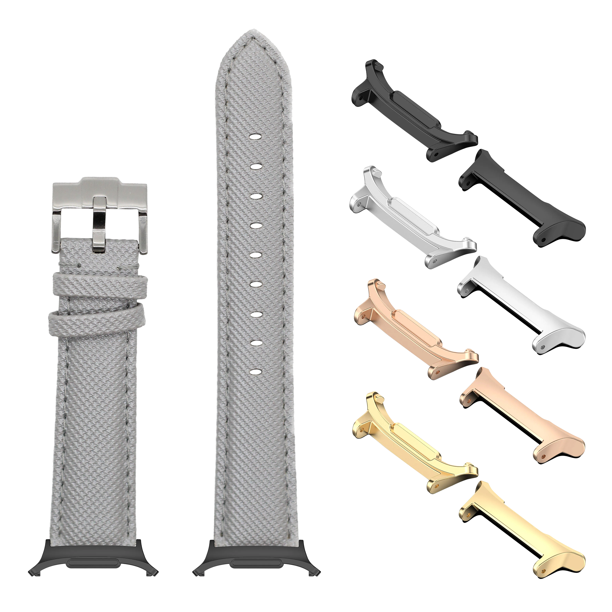 Sailcloth silver grey watch band with interchangeable metal lugs in black, silver, rose gold, and gold finishes for Galaxy Watch 8 Ultra