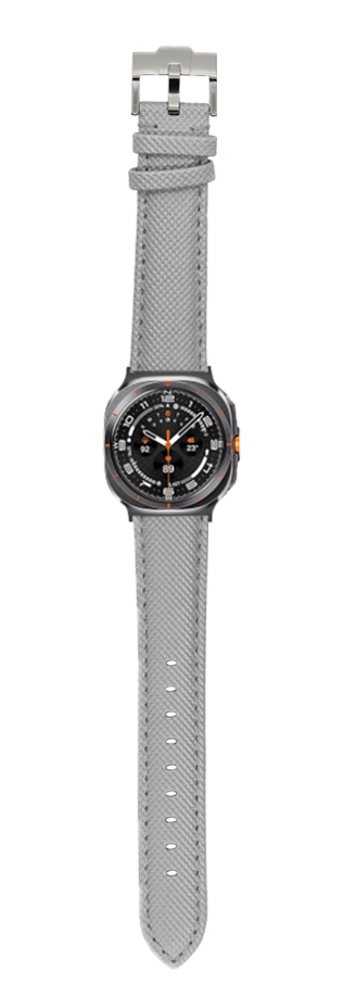 Galaxy Watch 8 Ultra with silver grey sailcloth band and black dial with orange accents
