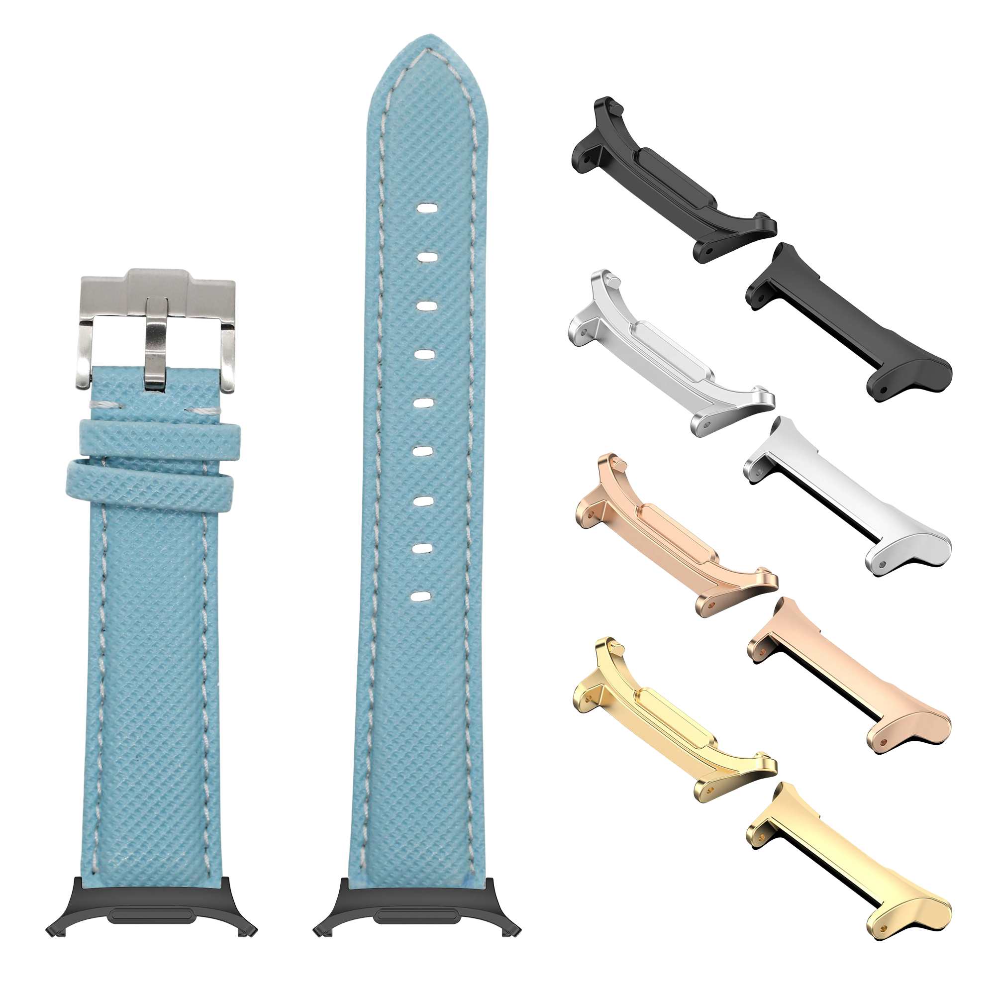 Sky blue sailcloth watch band with white stitching, interchangeable metal lugs in silver gold black and rose gold finishes