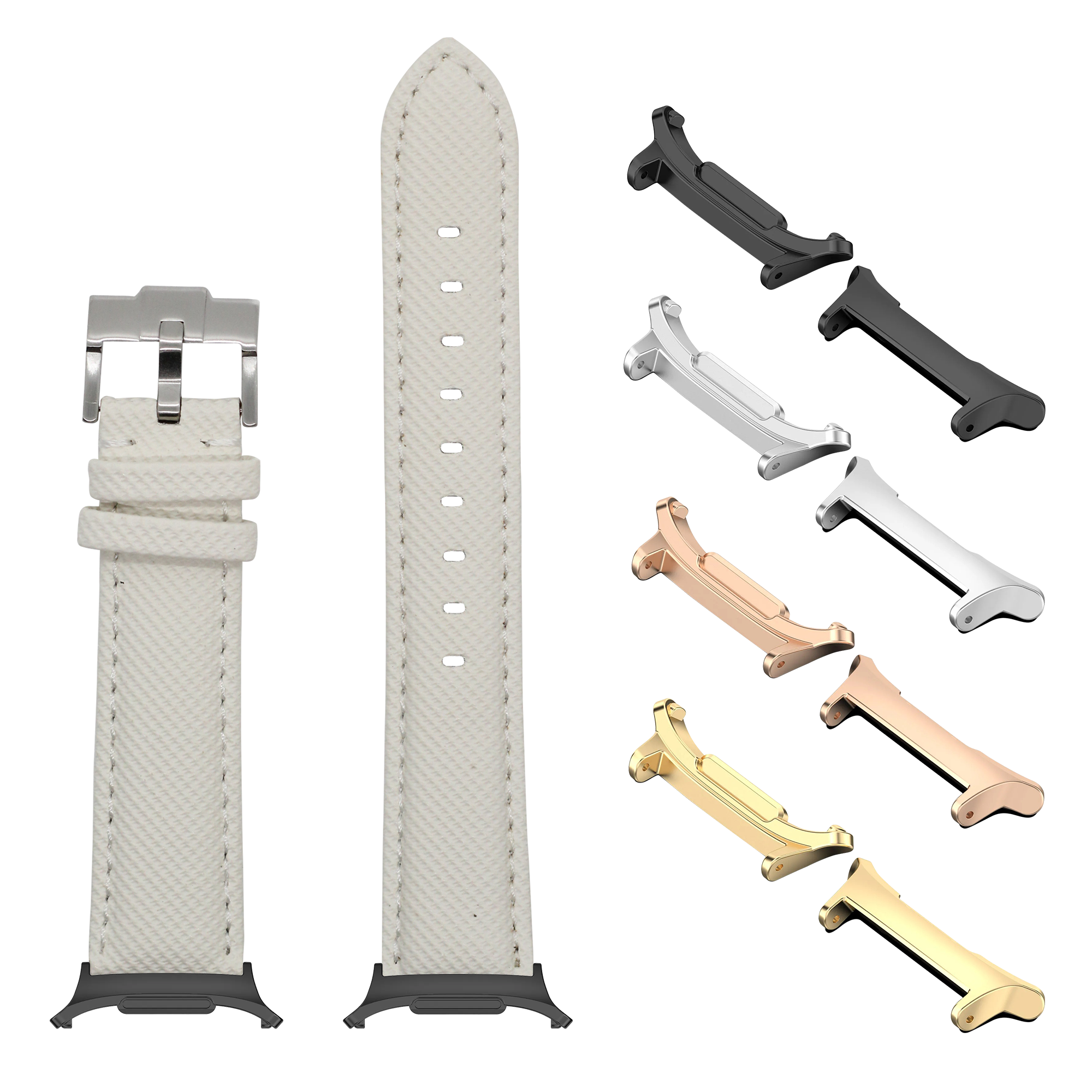White sailcloth watch band with interchangeable metal lugs in silver, black, rose gold and gold finishes for Galaxy Watch 8 Ultra
