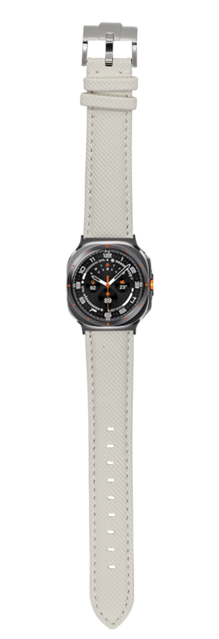 Galaxy Watch Ultra with white sailcloth band and black dial with orange accents, front view display