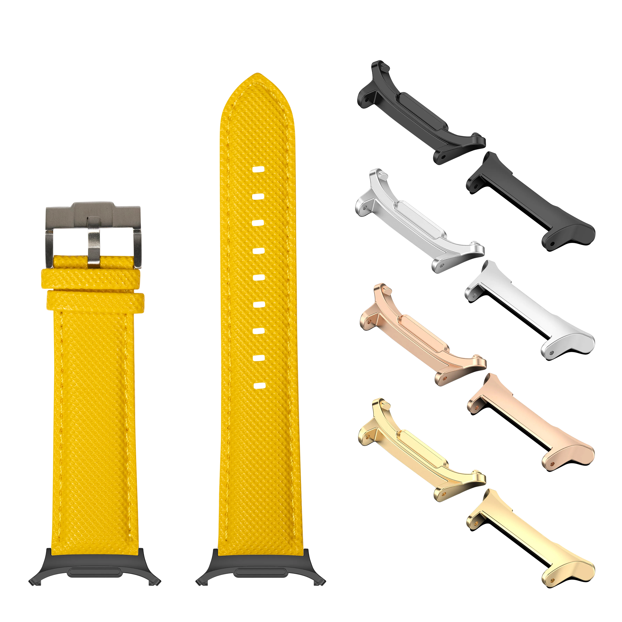 Yellow sailcloth watch band with multiple metal lugs in black, silver, rose gold, and gold finishes for Galaxy Watch 8/Ultra