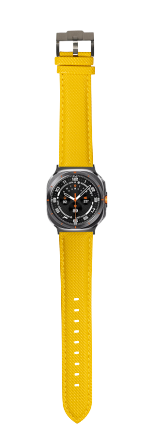 Men's smartwatch with yellow sailcloth strap and gunmetal case featuring black chronograph dial with orange accents