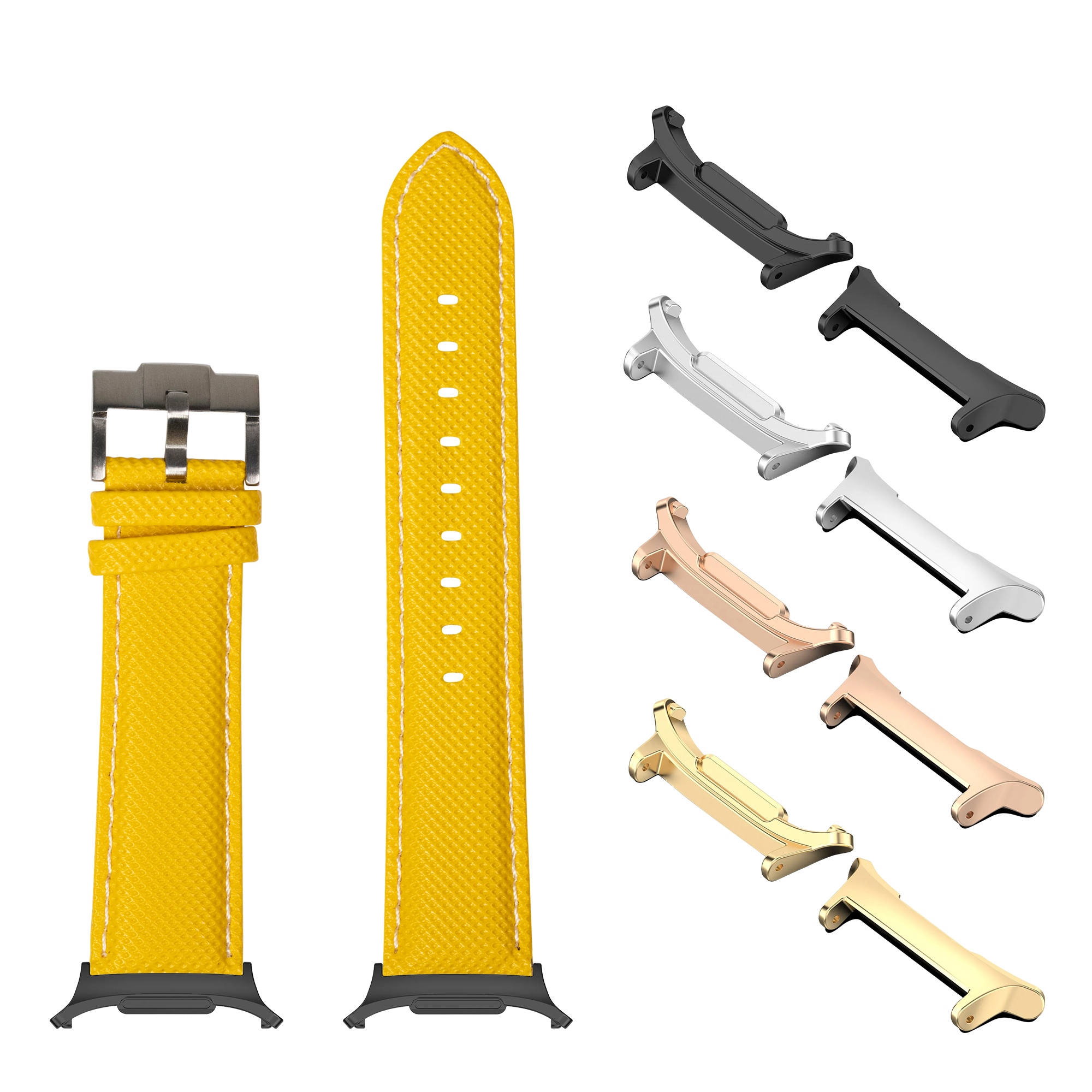 Yellow sailcloth smartwatch bands with white stitching, multiple metal connectors in silver, black, rose gold and gold finishes