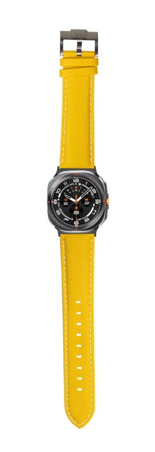 Yellow sailcloth watch band with white stitching and gunmetal buckle for Galaxy Watch 8 and Ultra