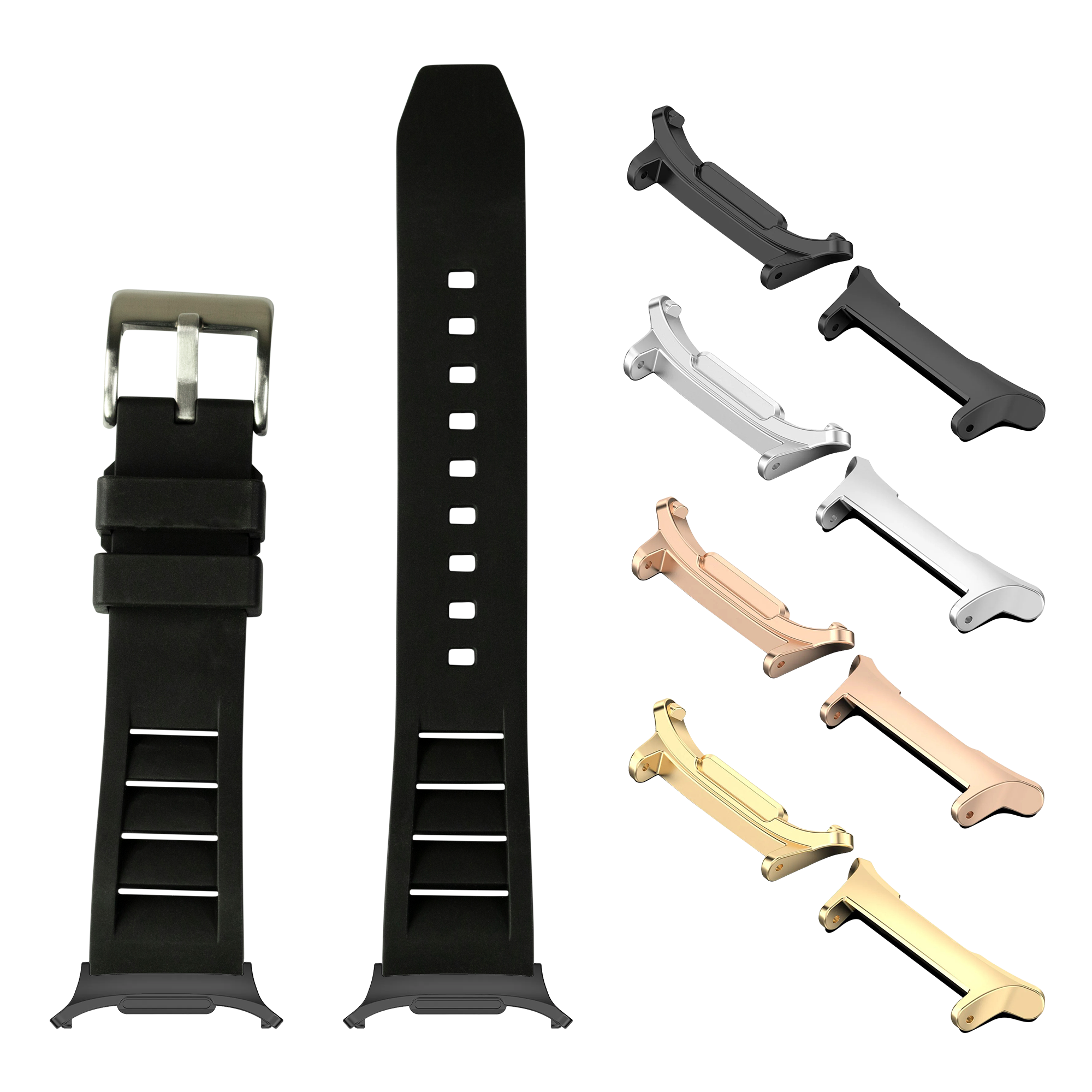 Galaxy Watch 8 and Ultra silicone straps with shark fin buckles in black, rose gold, silver, and gold finishes with interchangeable FKM rubber bands