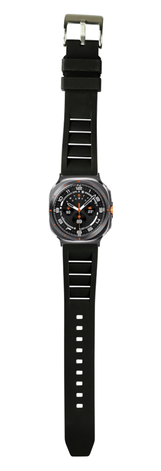 Black FKM rubber watch strap with shark fin design and white stitching detail for Galaxy Watch Ultra smartwatch