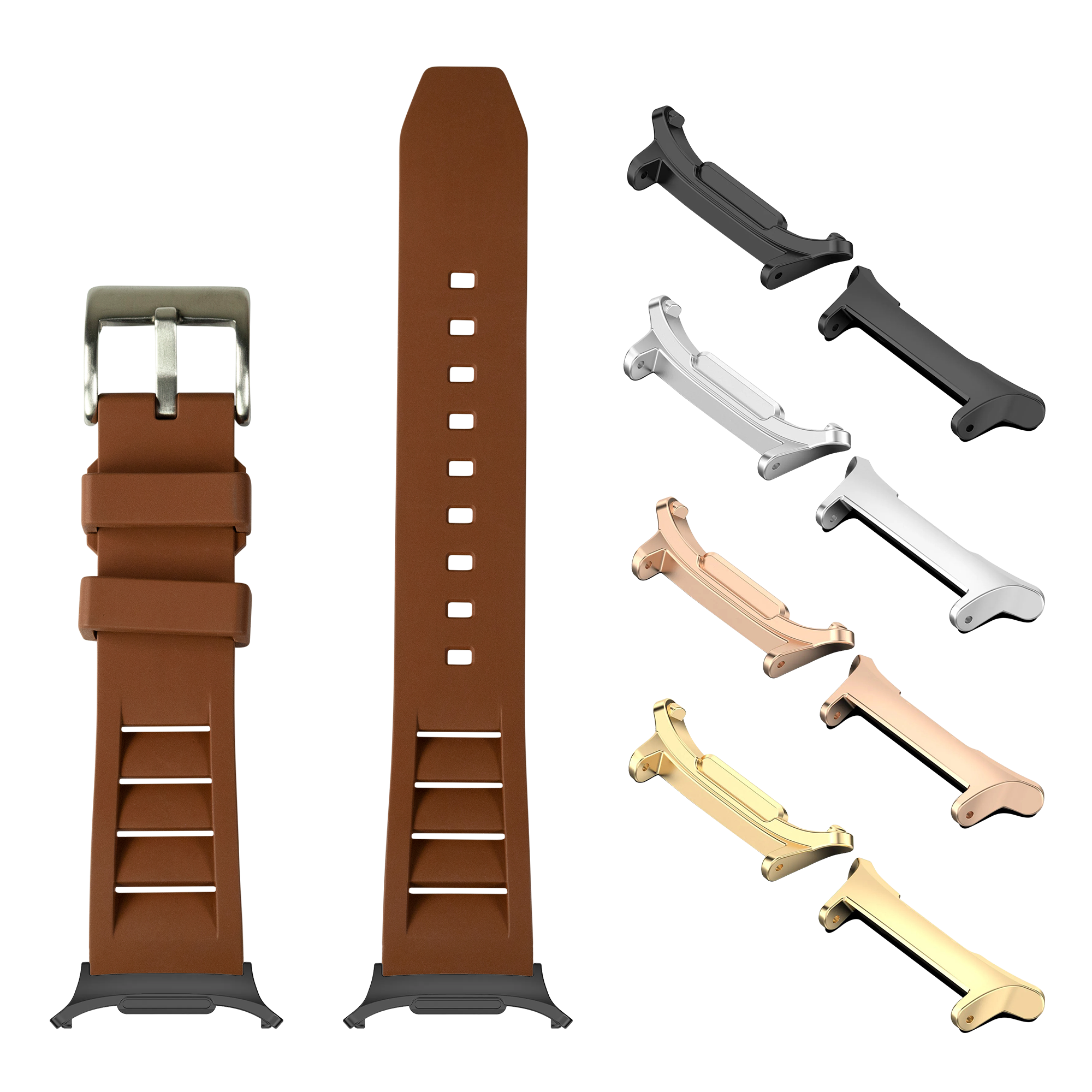 Brown rubber watch band with metal buckle and multiple interchangeable metal lugs in black, silver, rose gold, and gold finishes