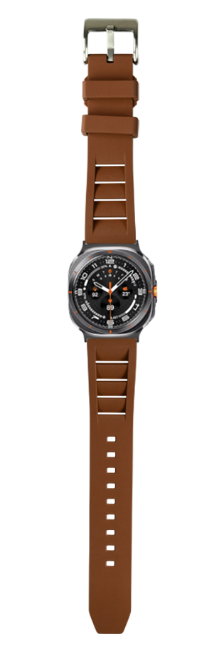 Men's smartwatch with black dial and orange accents featuring brown FKM rubber strap with dive-style buckle