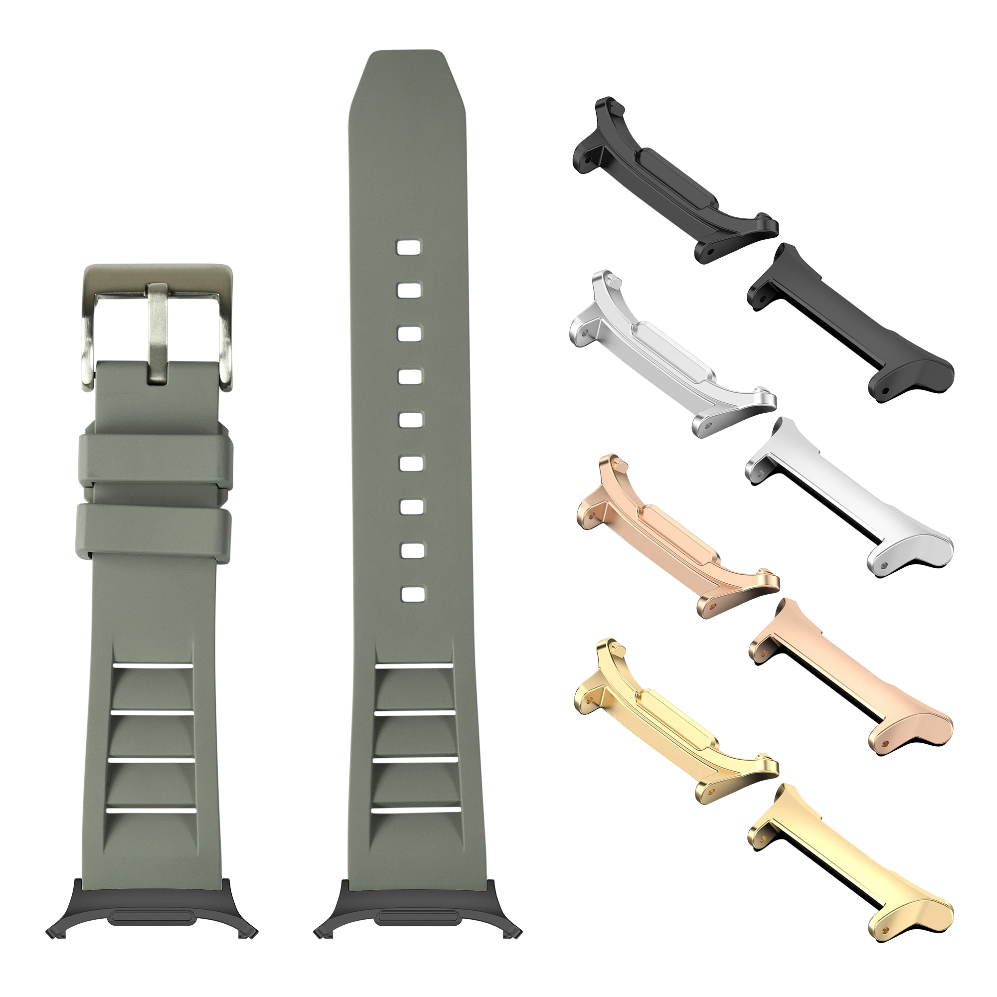 Grey FKM rubber watch band with shark fin design, matching buckle, and interchangeable metal lugs in black, silver, rose gold, and gold finishes
