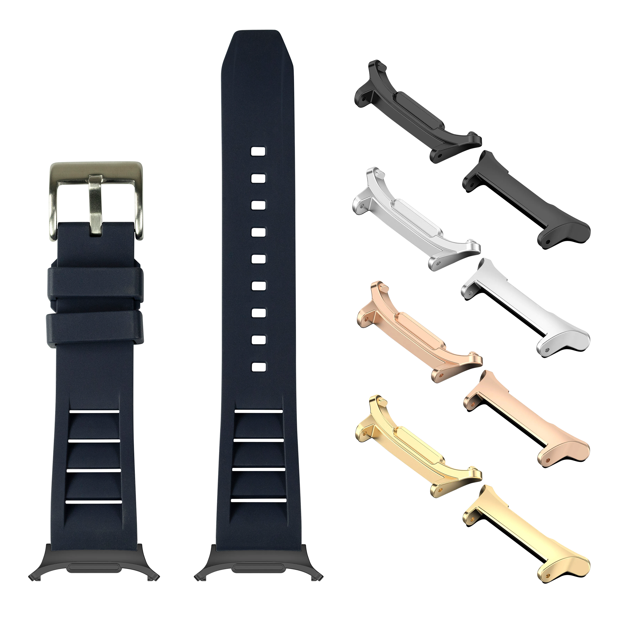 Shark Fin FKM rubber navy blue watch band with interchangeable metal lugs in black, silver, rose gold, and gold finishes