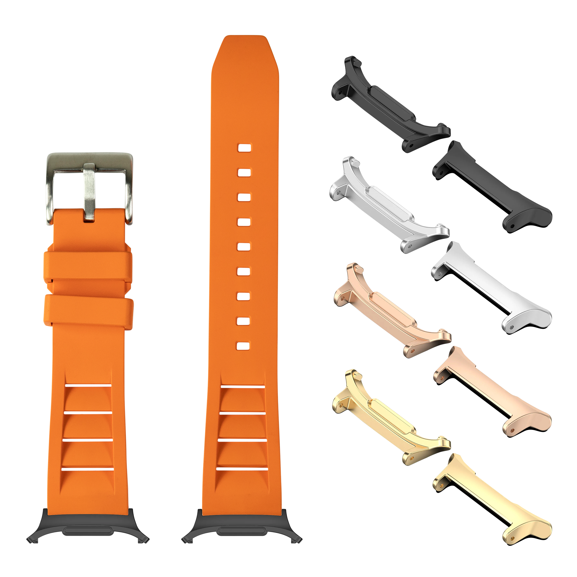 Orange FKM rubber watch band with stainless steel buckle, shown with multiple interchangeable lugs in black, silver, rose gold, and gold finishes