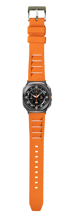 Orange FKM rubber Shark Fin watch band with gray titanium case and black dial featuring orange accents