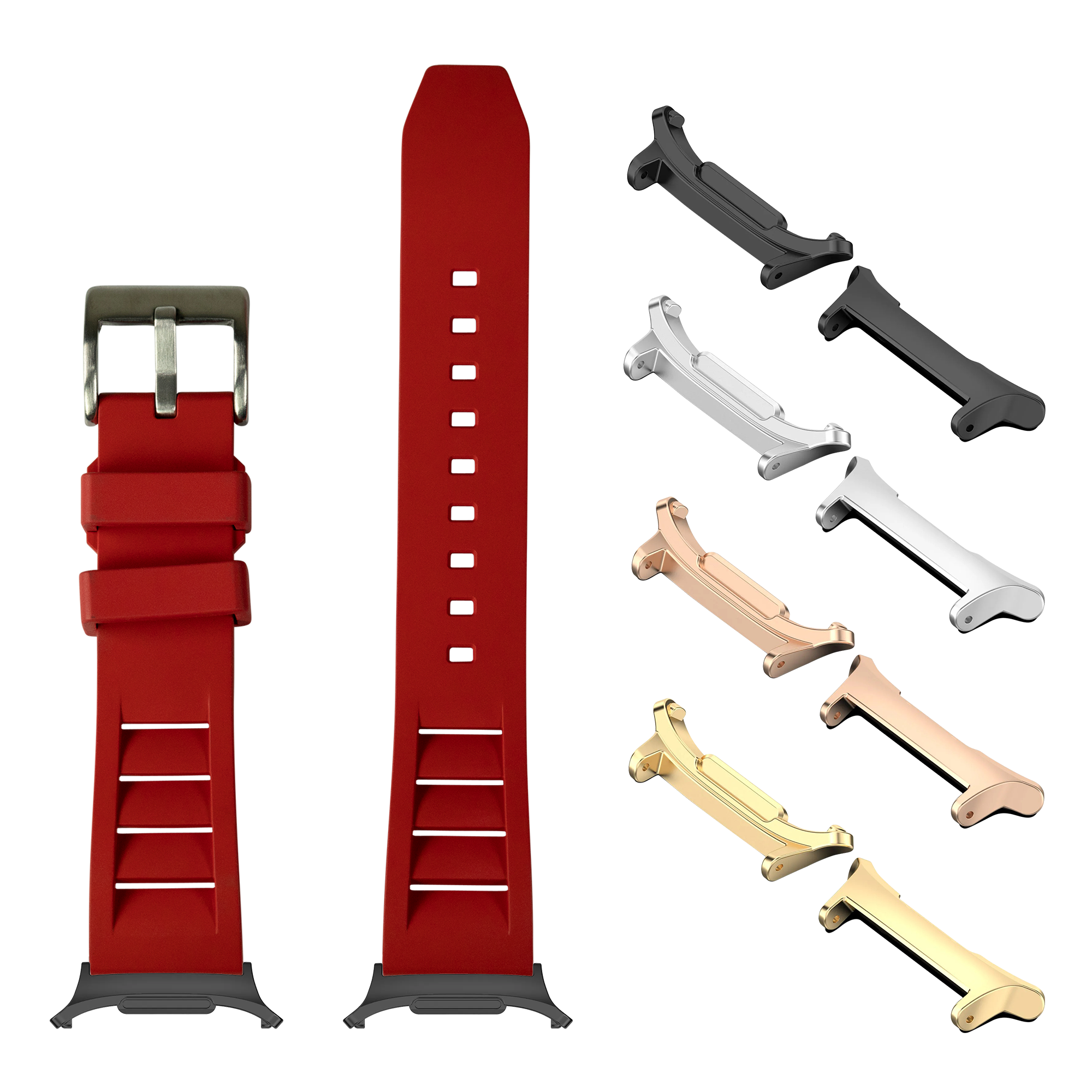 Red FKM rubber watch strap with shark fin quick-release bars in multiple metal finishes for Galaxy Watch 8 and Ultra
