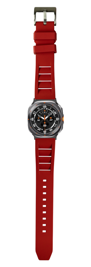 Red FKM rubber Shark Fin watch band with gunmetal buckle and black dial sports watch