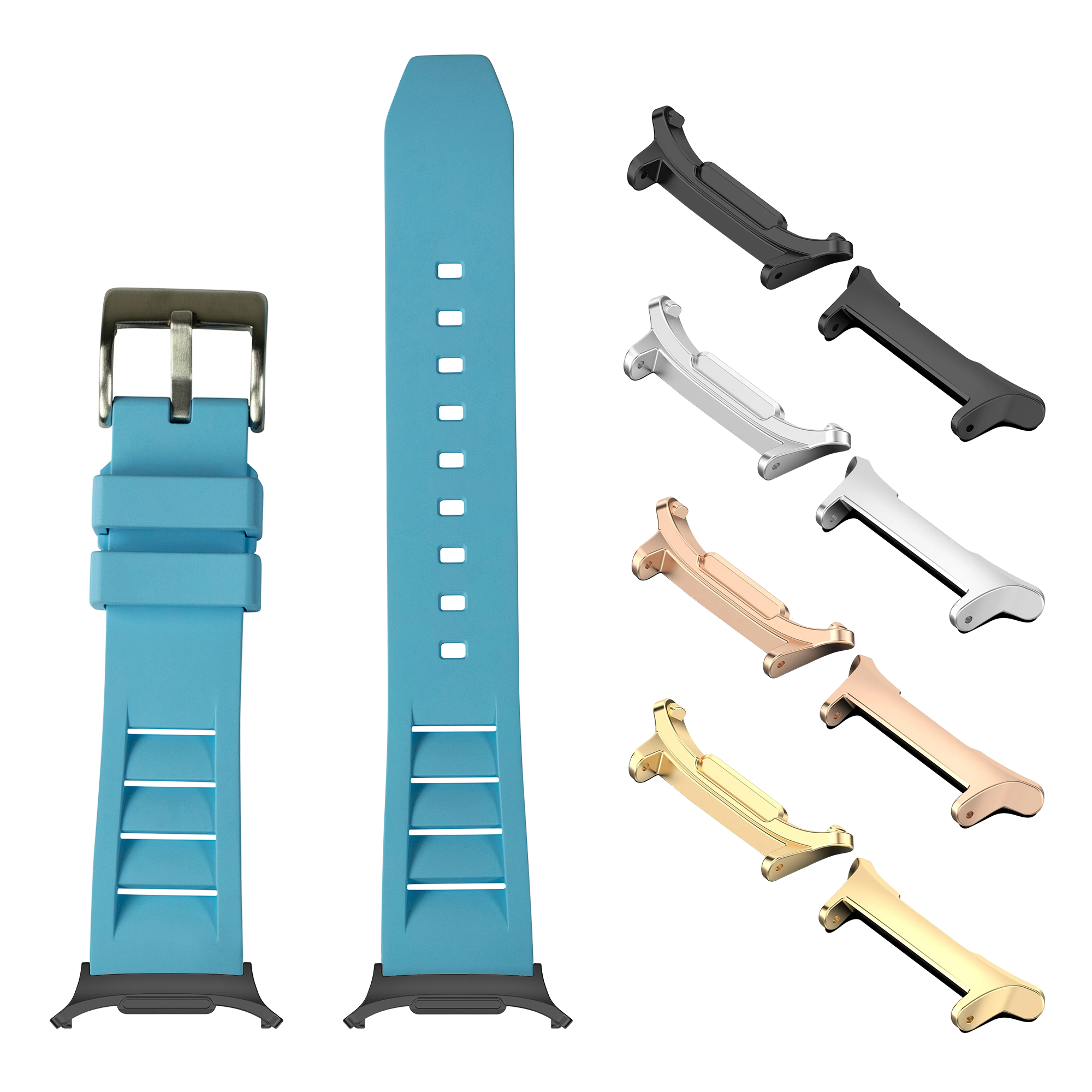Sky blue rubber watch band with interchangeable metal lugs in multiple finishes including black, silver, rose gold, and gold