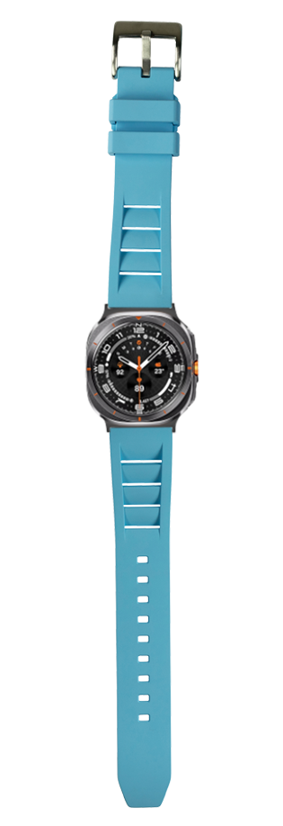 Sky blue FKM rubber watch band with shark fin design for Galaxy Watch 8 Ultra, featuring gunmetal case and black dial