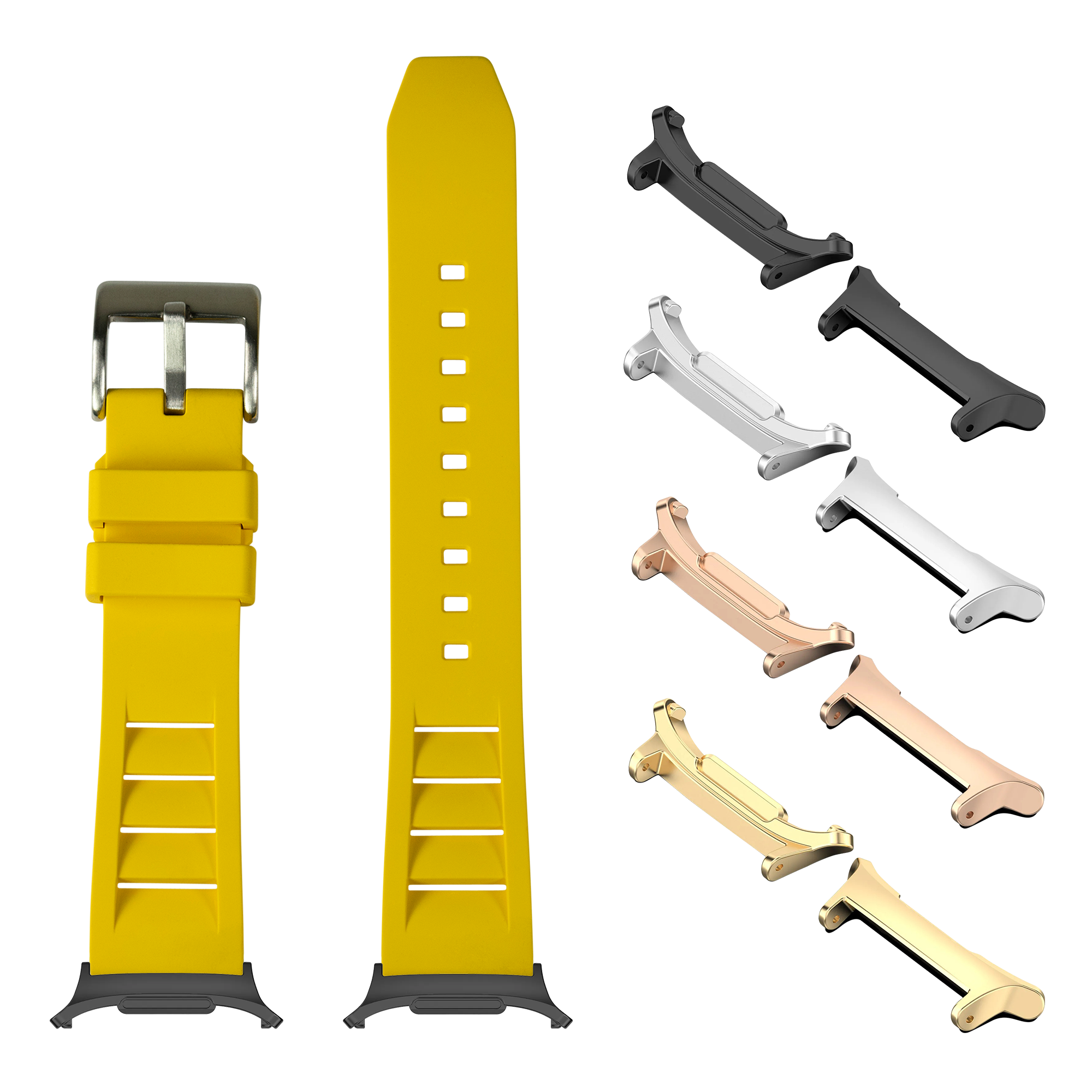 Yellow FKM rubber watch band with metal buckle and interchangeable shark fin lugs in multiple finishes