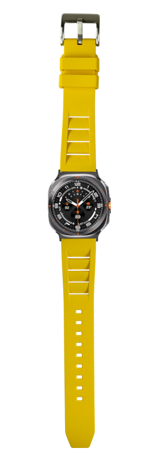 Yellow FKM rubber smartwatch band with shark fin design, stainless steel buckle, black dial watch face with orange accents