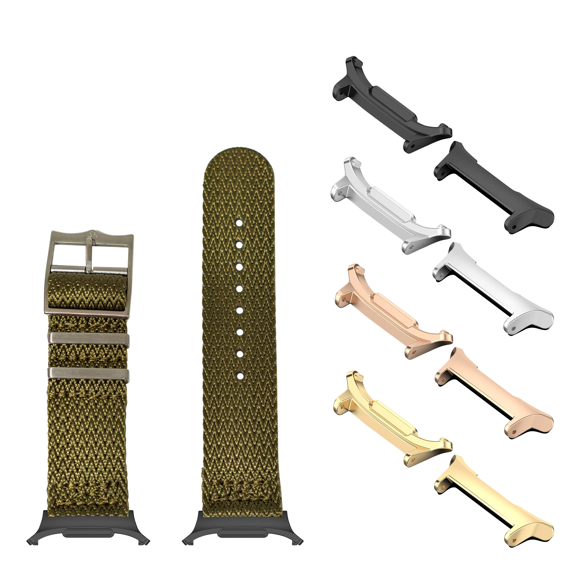 Military green fabric watch bands with metal buckles and multi-colored connector adapters for Galaxy Watch 8 and Ultra models