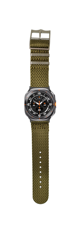 Black dial sports watch with orange accents on olive green fabric military strap with tan pattern