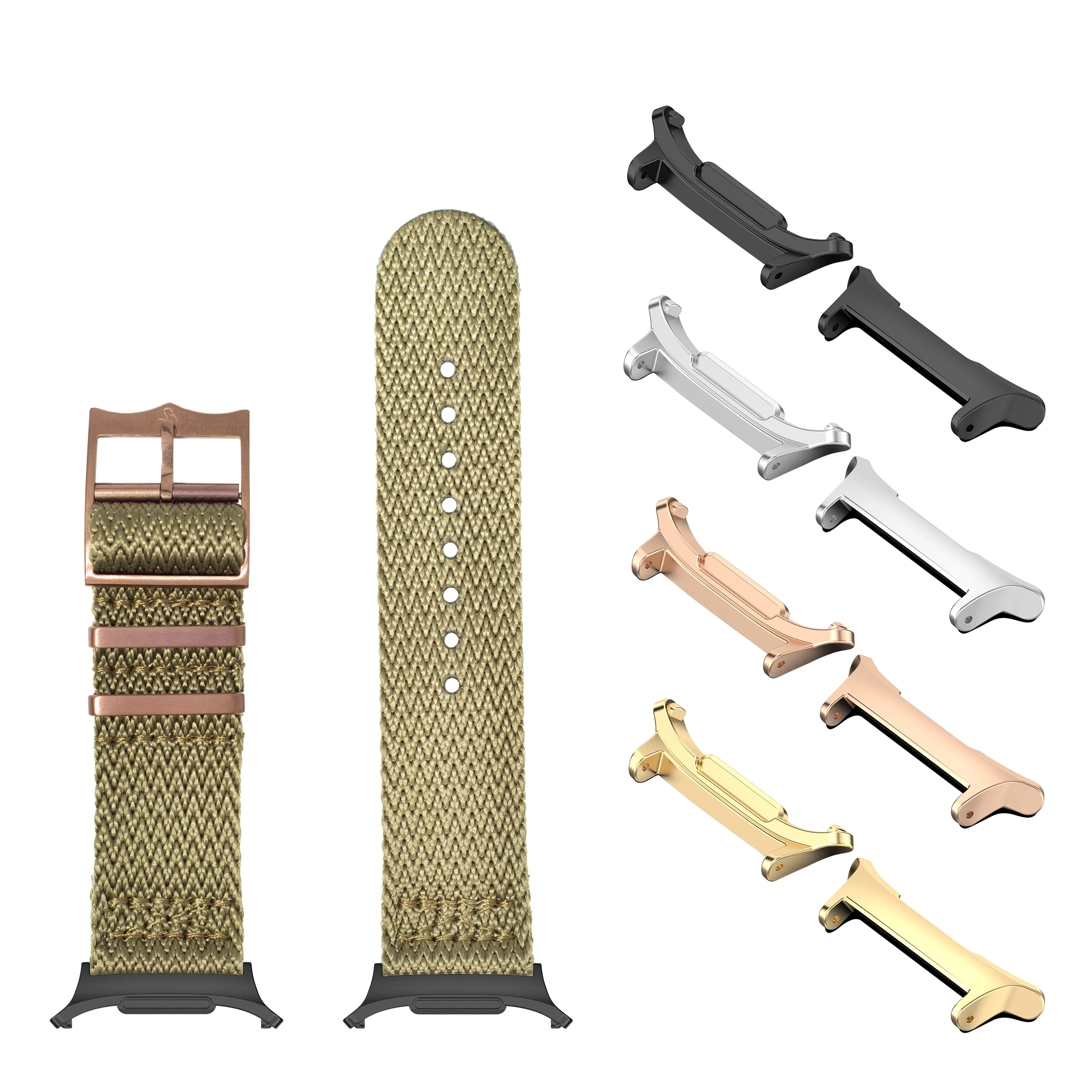 Sharktooth Militex Army Green watch band with bronze hardware, shown with interchangeable lugs in black, silver, rose gold, and gold finishes