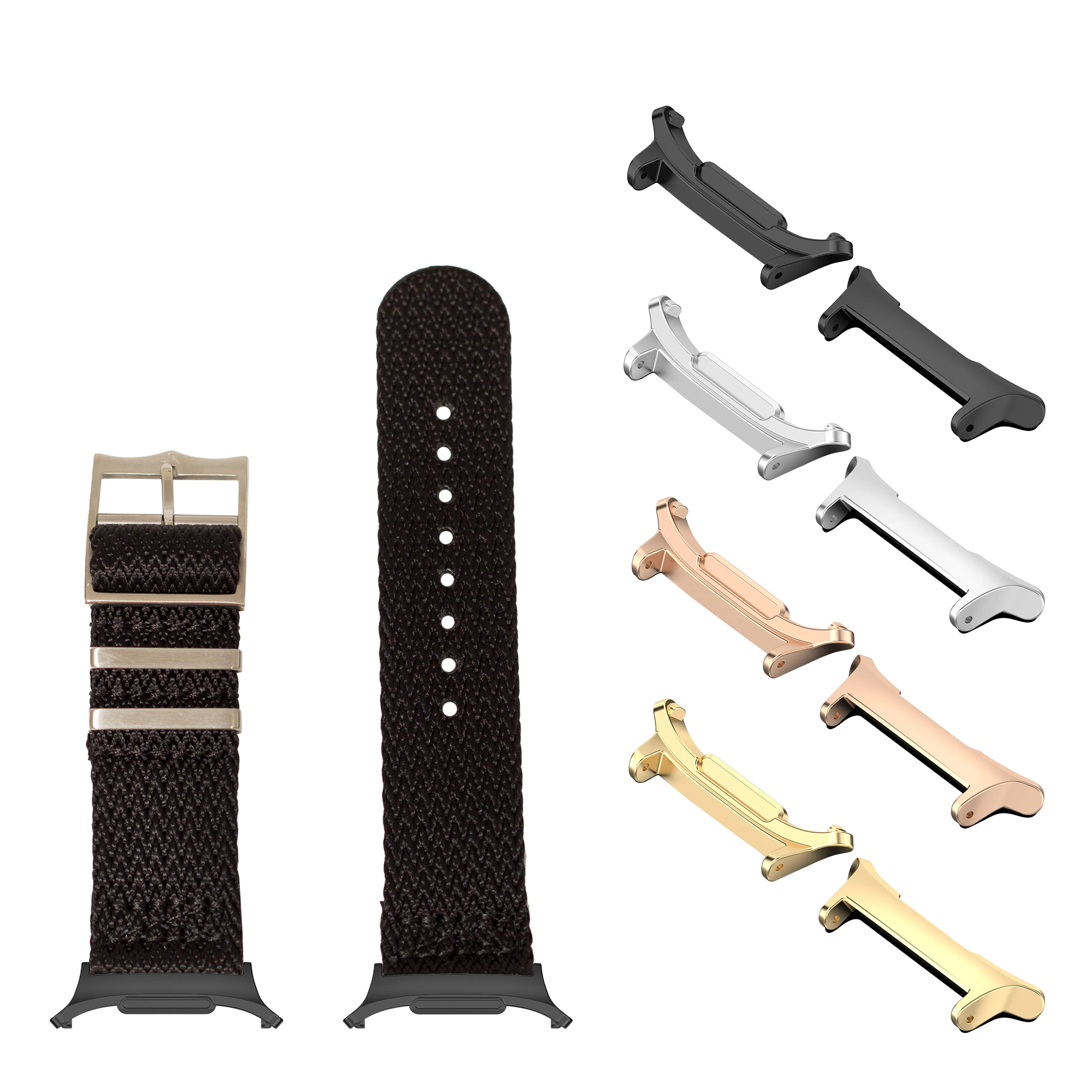 Black Militex fabric watch band with sharktooth connector and interchangeable metal lugs in gold, rose gold, silver, and black finishes for Galaxy Watch 8 and Ultra
