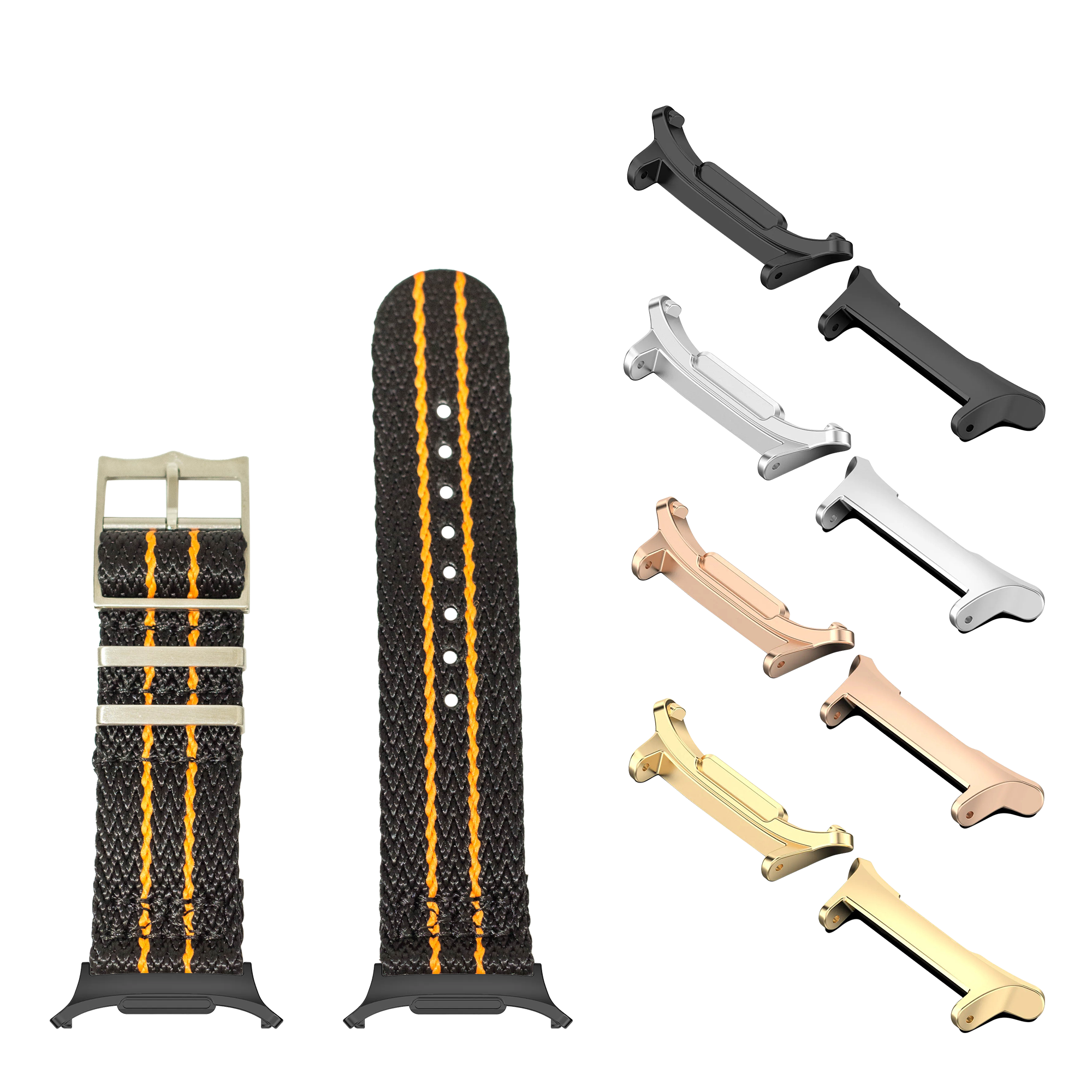 Black and orange Militex watch band with matching metal lugs in gold, silver, rose gold, and black finishes, displayed with two fabric strap widths and quick-release bars
