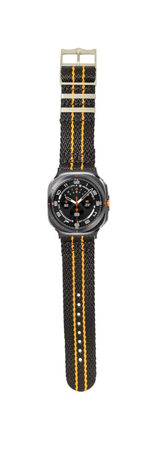 Black and orange striped military fabric watch band with titanium case sports watch and dark dial